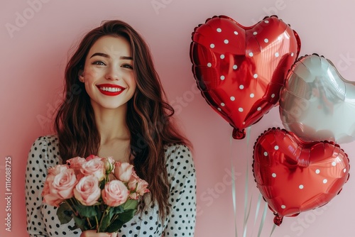 Woman smiling with red heart balloons and bouquet of roses against pink backg...