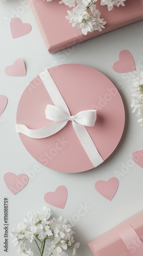 Beautiful pink gift box surrounded by heart shapes and flowers for special oc...