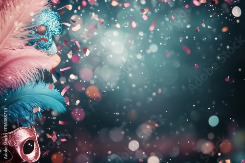 Captivating masked dancer with colorful feathers and sparkles at a festive ce...