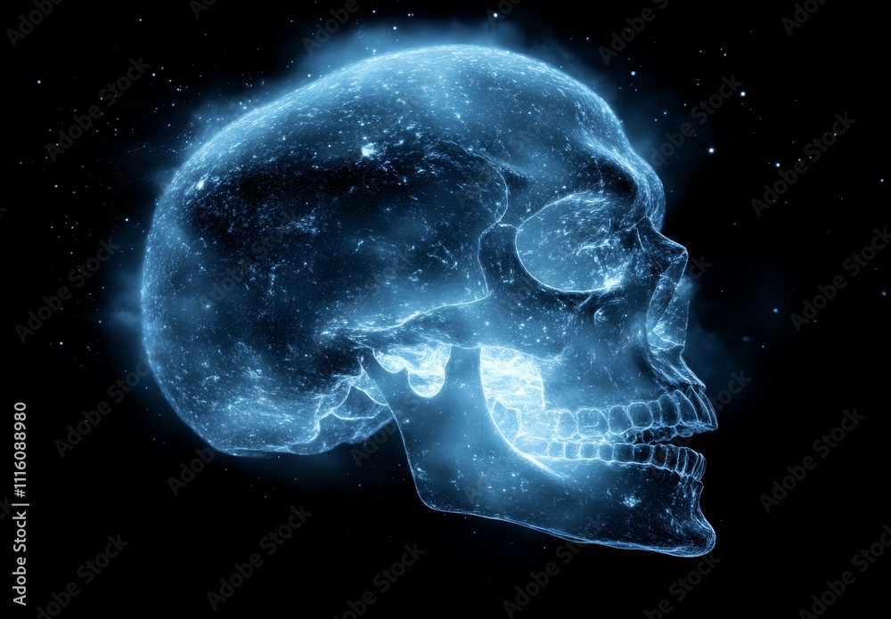 Naklejka premium Celestial skull glows brightly against a cosmic backdrop.