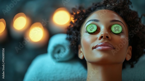 Woman enjoys relaxation with cucumber slices on her eyes at a spa setting in ...