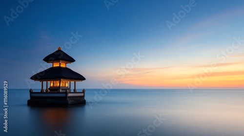 Serene sunset at a traditional pavilion by the beach in Bali