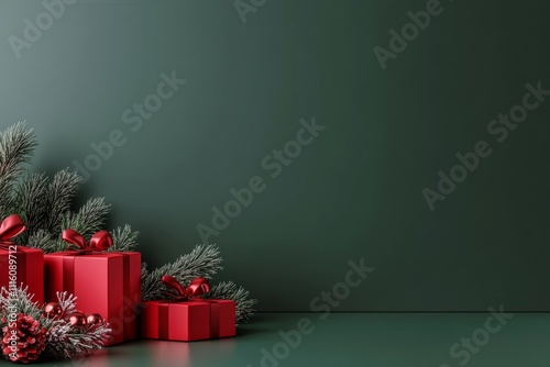 Red holiday presents with bows and pine branches on a dark green background