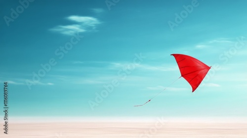 Bright red kite soaring high in the clear blue sky over a serene landscape