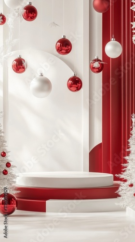 Festive display with red and white decorations for holiday celebrations in a ...