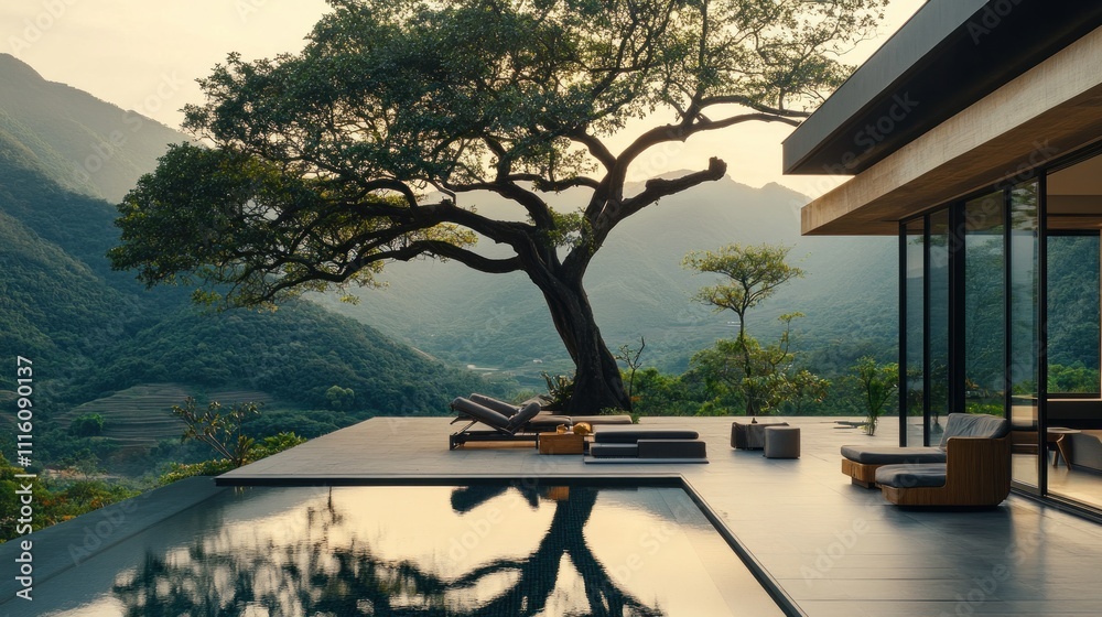 Fototapeta premium Modern Mountaintop Home With Infinity Pool And Scenic View