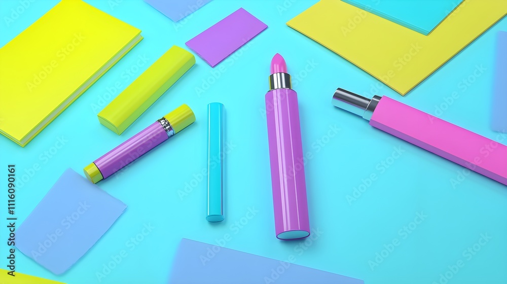 Naklejka premium Colorful makeup tools and accessories creative workspace flat lay photography vibrant background modern aesthetic