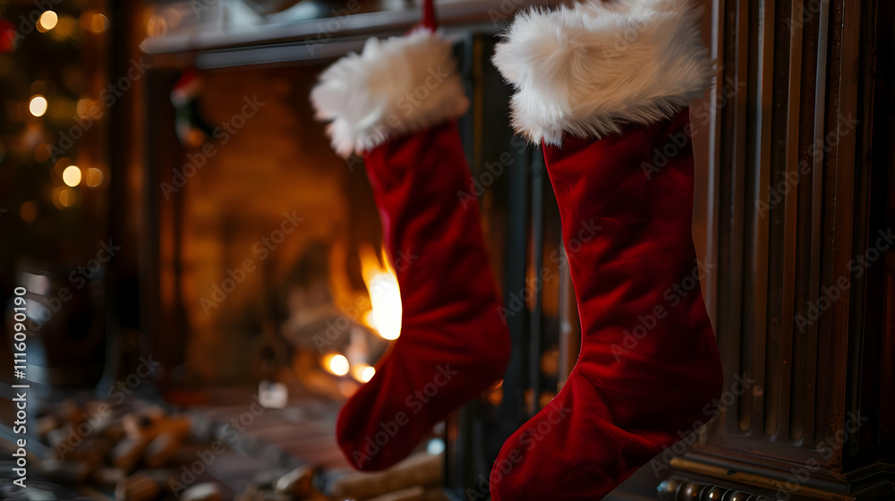 Obraz premium Cozy Christmas Fireplace Stockings Illustration