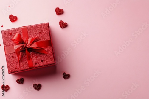Gift box decorated with red ribbon and hearts on pink background for celebration