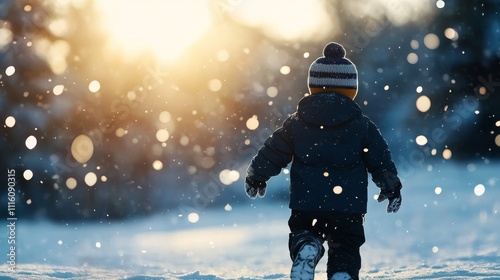 Child explores snowy landscape during sunset in a serene winter setting