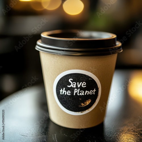 A close-up of an eco-friendly coffee cup featuring a Save the Planet design, set against a soft-focus background, Perfect for promoting sustainability, eco-awareness, or coffee culture, photo