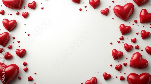 Red hearts scattered on a white background create a romantic and festive atmo...
