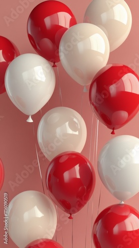Colorful red and white balloons floating together for celebration in a festiv...