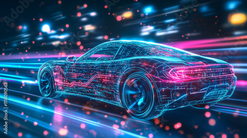 A car icon with neon circuits running through its body, connected to a global network of data streams and online marketing technologies. 