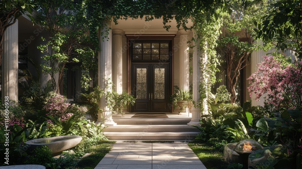 Fototapeta premium Elegant Mansion Entrance Framed by Lush Greenery and Floral Landscaping