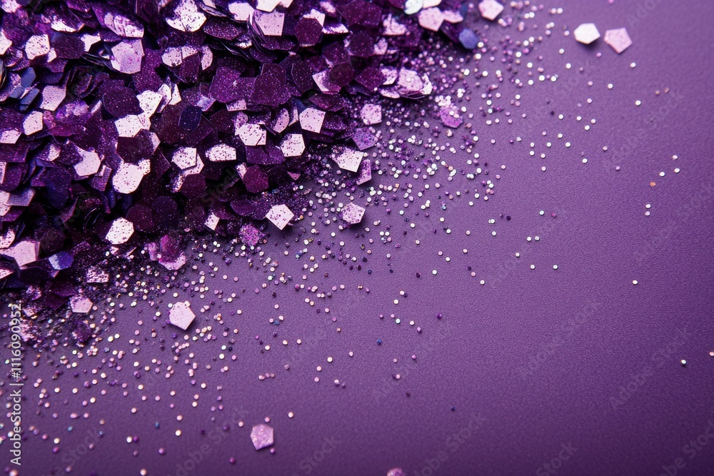 Colorful purple glitter cascades over a sparkling surface at a festive celebration event