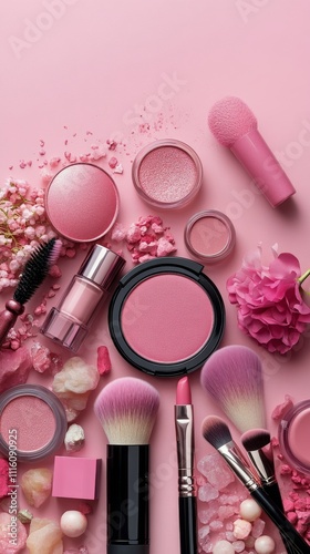 Collection of pink makeup items arranged neatly on a soft pink background for...