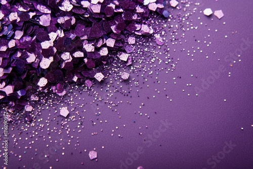 Colorful purple glitter cascades over a sparkling surface at a festive celebr...