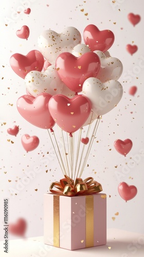 Colorful heart shaped balloons rising from a festive gift box for a joyful ce...