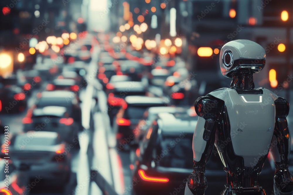 Obraz premium A time when robots control traffic and fully autonomous vehicles are on the road