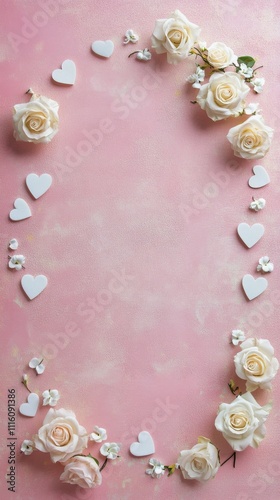 Decorative heart and rose arrangement on a pink background for celebration or...
