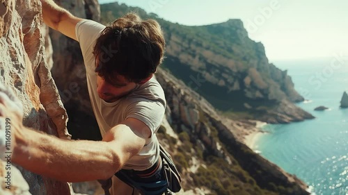 Focused climber scaling a sunlit rock face with a dramatic coastal landscape in the background, showcasing adventure and determination in nature.