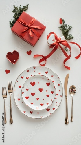 Romantic table setting for celebration with hearts and gift box on white back...