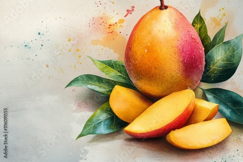 Fresh mangoes cut and whole with green leaves on a textured background