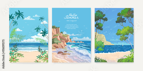 Set of beautiful summer beach sea resort background design template for poster, flyer, web banner, cover, booklets and greeting card. Tropical landscape. Vector illustration