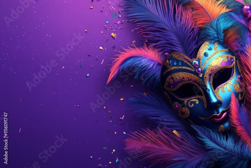 Vibrant carnival mask with colorful feathers and glitter decorations on purpl...