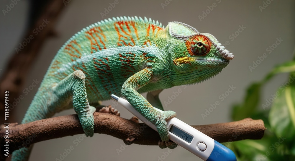 Obraz premium Colorful chameleon holding thermometer in controlled environment
