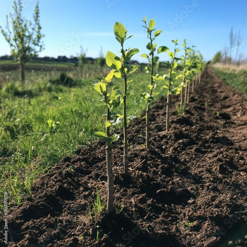 A row of freshly planted saplings stretches into the distance under a clear blue sky, symbolizing growth and renewal, This image can be used for projects related to agriculture, sustainability photo