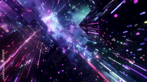 Abstract futuristic cityscape with glowing neon lights and dynamic streaks of purple and pink, evoking a high-tech, cyberpunk aesthetic.