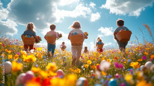 Children playfully gather colorful eggs in a vibrant flower field on a bright...