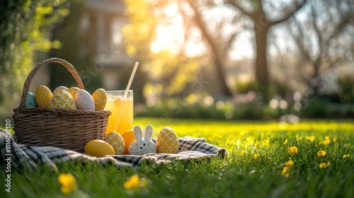 Easter celebration with bunny treats and bright decorations in a sunny park s...