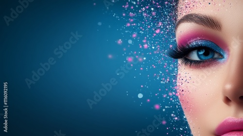 Creative makeup design with glitter and vibrant colors on a models face