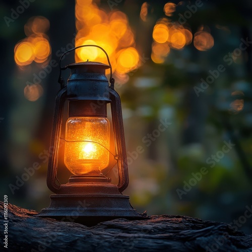 A vintage lantern illuminates a serene outdoor scene, casting a warm glow against a blurred backdrop of trees and bokeh lights, This image can enhance themes of nostalgia, camping, or storytelling, photo