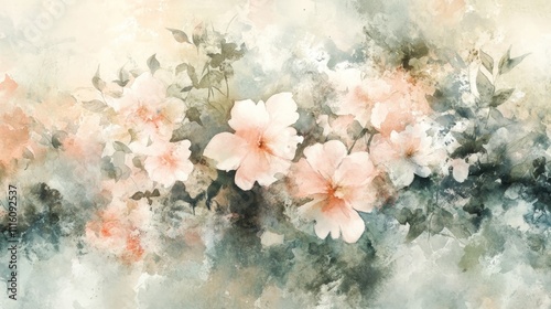 Wallpaper Mural Watercolor painting; soft peach blossoms, green leaves. Torontodigital.ca