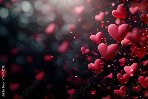 Red hearts falling through dark background creating a festive atmosphere for ...