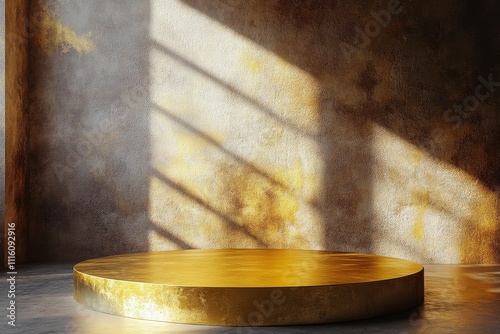 Elegant golden circular platform illuminated by soft natural light in a minim...
