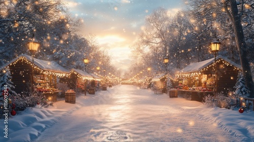 Winter market bustling with holiday spirit amidst a snowy forest landscape