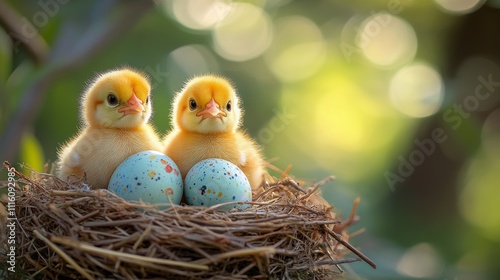 Chicks hatching with colored eggs in a cozy nest surrounded by greenery