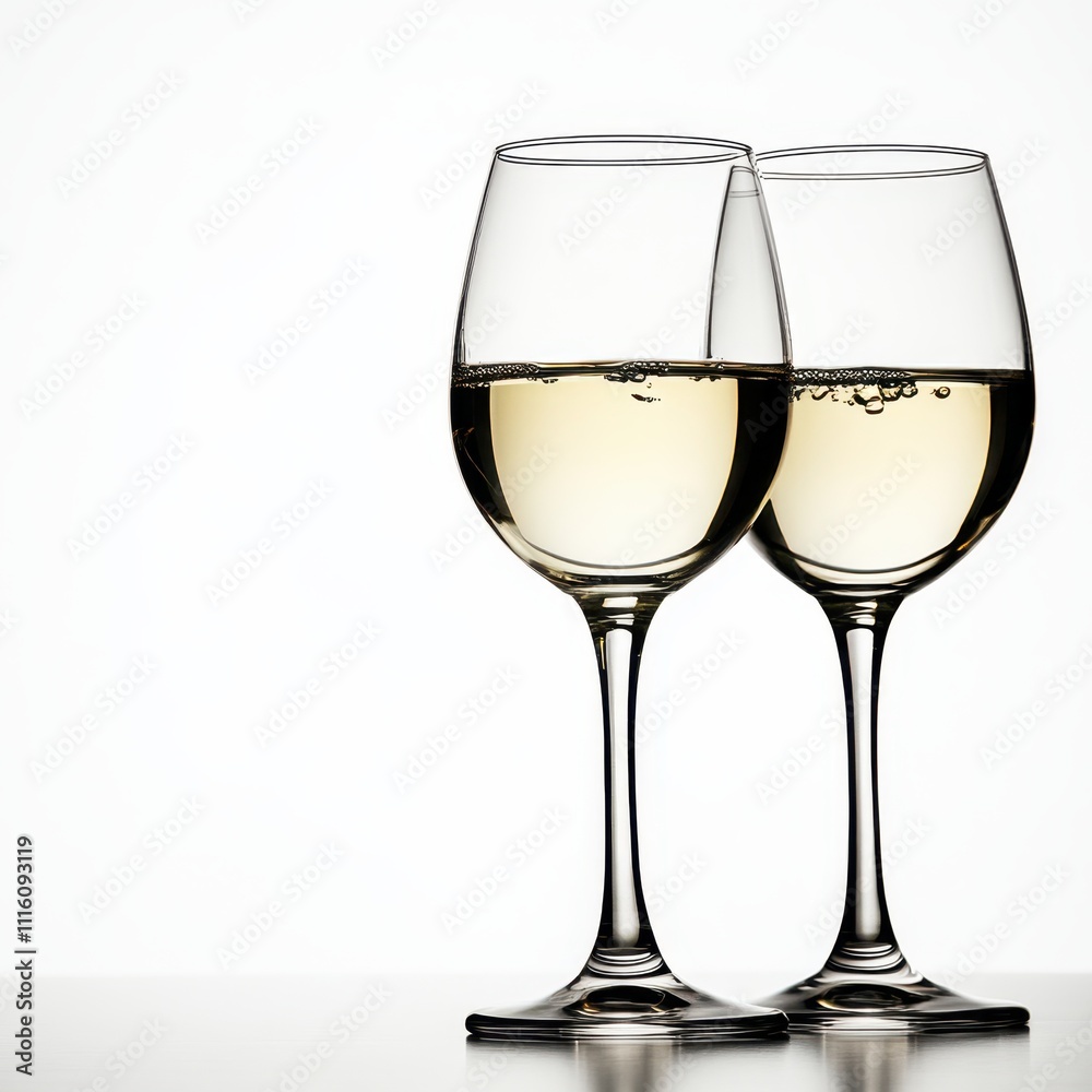 Fototapeta premium Two elegant wine glasses filled with sparkling white wine, set against a clean white background, perfect for celebrating special occasions, marketing beverages, or enhancing restaurant menus,