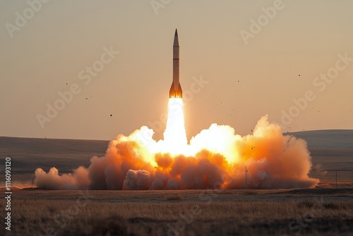 Rocket launch creates large explosion with smoke and fire in a clear sky