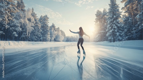 Skater enjoying a winter sunset on a frozen lake in a peaceful park setting
