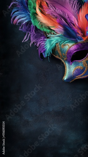 Colorful Mardi Gras mask with vibrant feathers against dark background