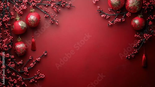 Decorative red lanterns and blossoms create festive atmosphere for celebration