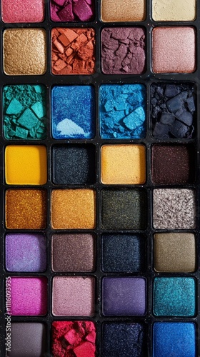 Vibrant cosmetic eyeshadow palette showcasing a variety of colorful shades an...