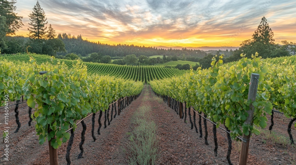 Fototapeta premium Vineyard rows at sunset, idyllic landscape.