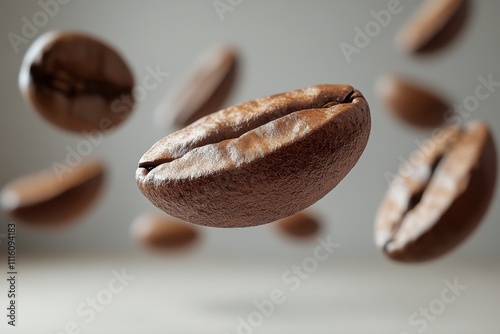 Floating coffee beans captured in mid air showcasing their rich texture and c...